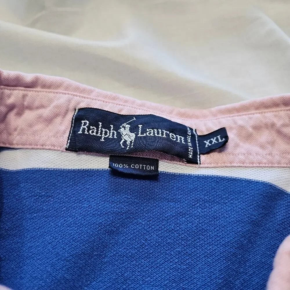 Vintage 90s Ralph Lauren Men's Striped Polo Pink Collar Button Down Blue Shirt